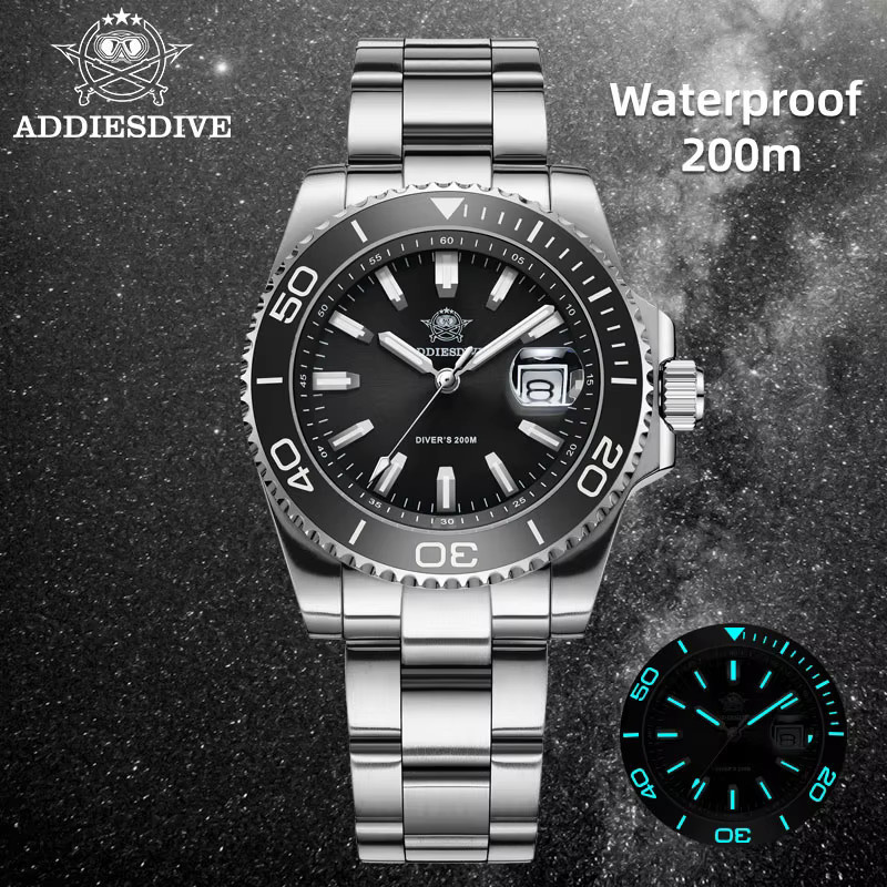 ADDIESDIVE Taucheruhr, Quarz, Edelstahl, 41 mm, Herren, Schwarz - Bild 1