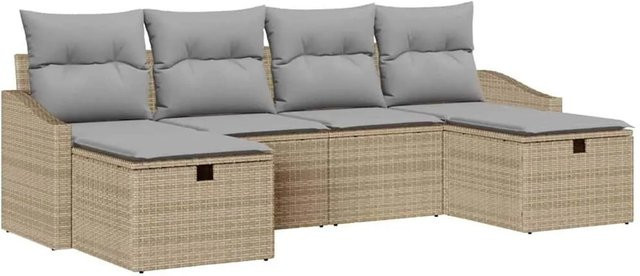 vidaXL Garten-Sofa-Set aus Polyrattan in Beige, 6-teiliges L-Shape Lounge-Set mit Ottomane und Kissen für Garten und Terrasse - Bild 1