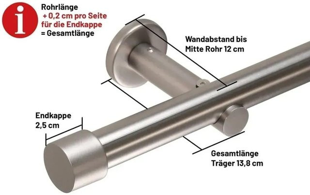 Deco-Raum Gardinenstange nach Maß mit 1 Kappe, Durchmesser: 25 mm, Länge: 420 cm, Edelstahl-Optik, Silber - Bild 1