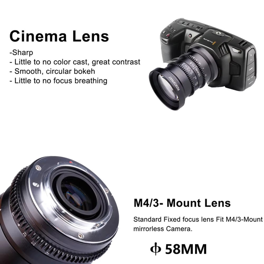 Rises Pray 12mm Mini-Cine-Linse mit manuellem Fokus und Blende f/1.6 für Panasonic Micro Four Thirds MFT, Schwarz - Bild 4