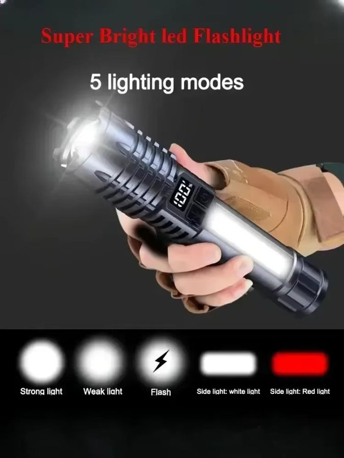 XIWANGFIRE LED-Taschenlampe Typ C mit Seitenlicht, wiederaufladbar und wasserdicht, zoombare Taschenlampe mit 7 Modi für Camping und Angeln - Bild 7