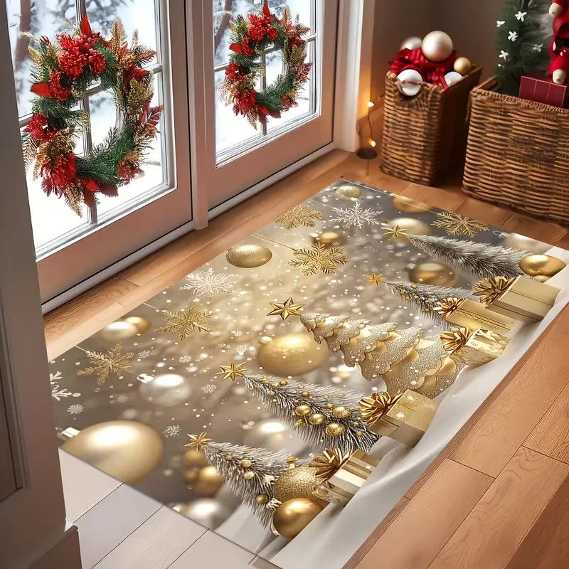 VIKAMA Winter-Teppich mit goldenem Weihnachtsbaummuster als Druckteppich für Wohnzimmer, Büro und Terrasse - Bild 3