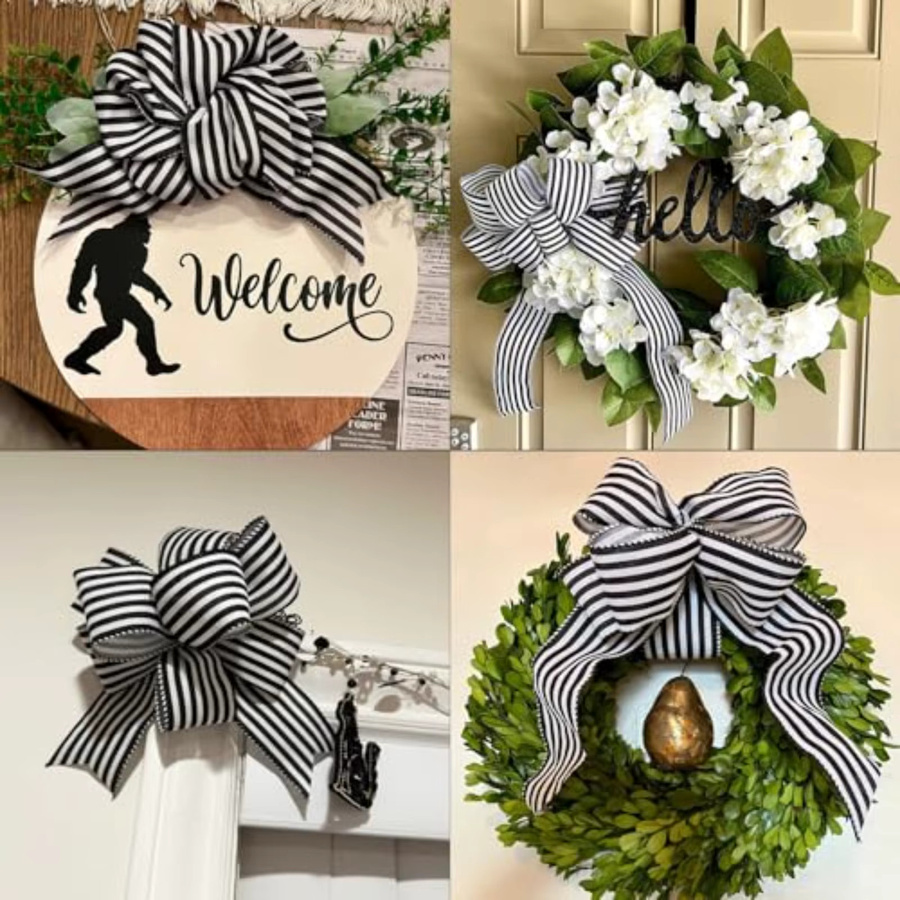 2 Rollen Schwarz-Weiß Gestreiftes Satinband mit Draht für Weihnachtsbaum, Kränze und Geschenkdekoration, 5 Yards pro Rolle - Bild 5