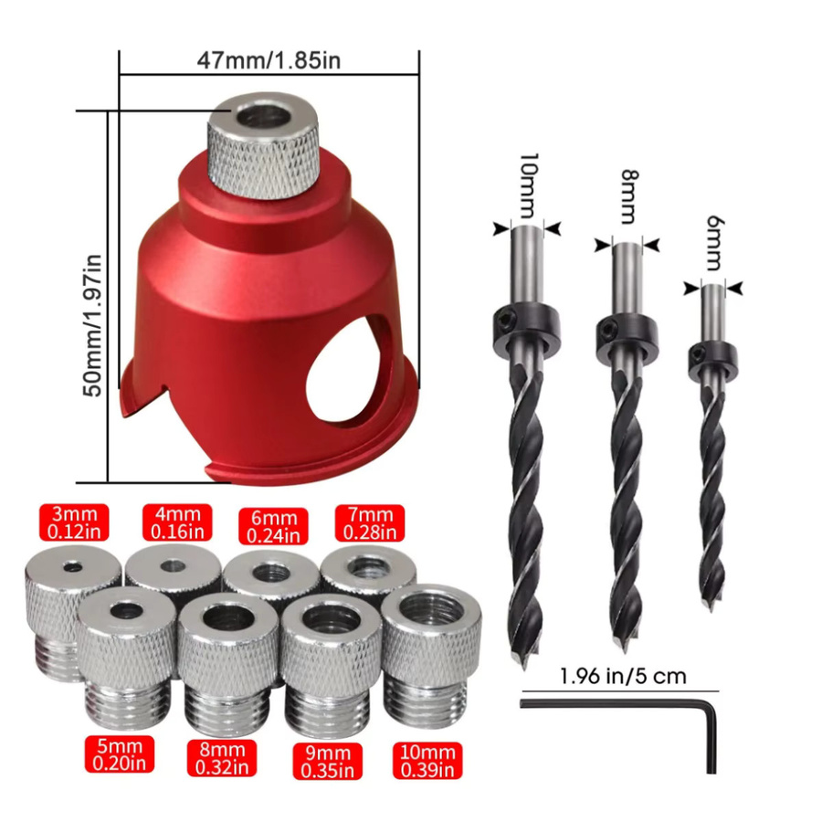 Wnew Lochbohrpositionierer aus Aluminium für 3–10 mm mit 8 Bohrerbuchsen und 3 Bohrer-Dübel-Spleißbohrführung - Bild 2