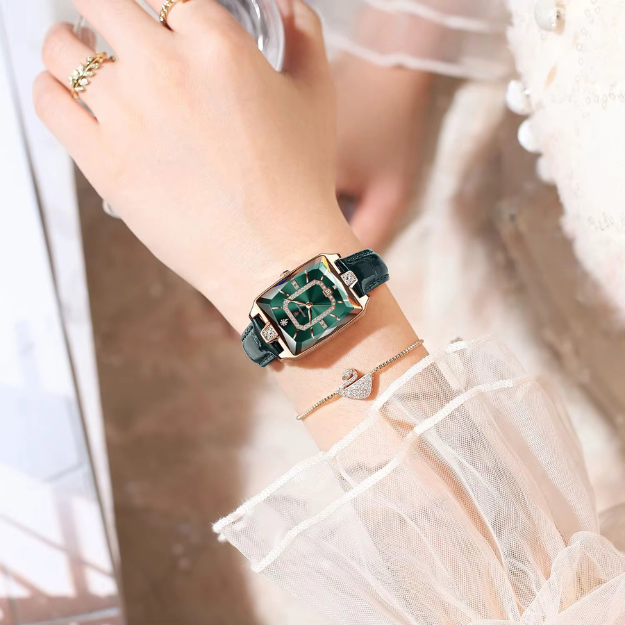 POEDAGAR Armbanduhr, Quarz, Leder, Rechteckig, Grün, Roségold, Damen - Bild 6