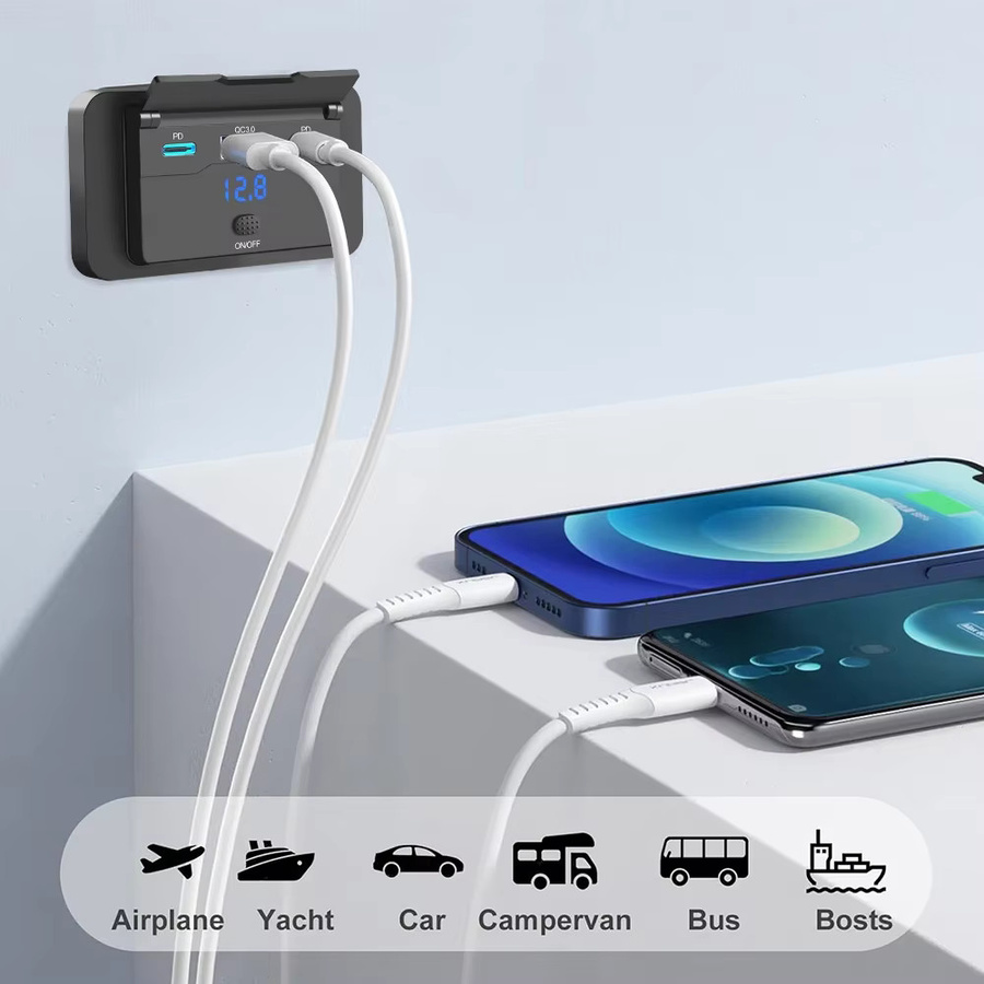 Kebidumei Wasserdichtes 12V Autoladegerät mit Schalter, Dual PD und Dual QC3.0 USB-C Schnellladegerät, Schwarz - Bild 2