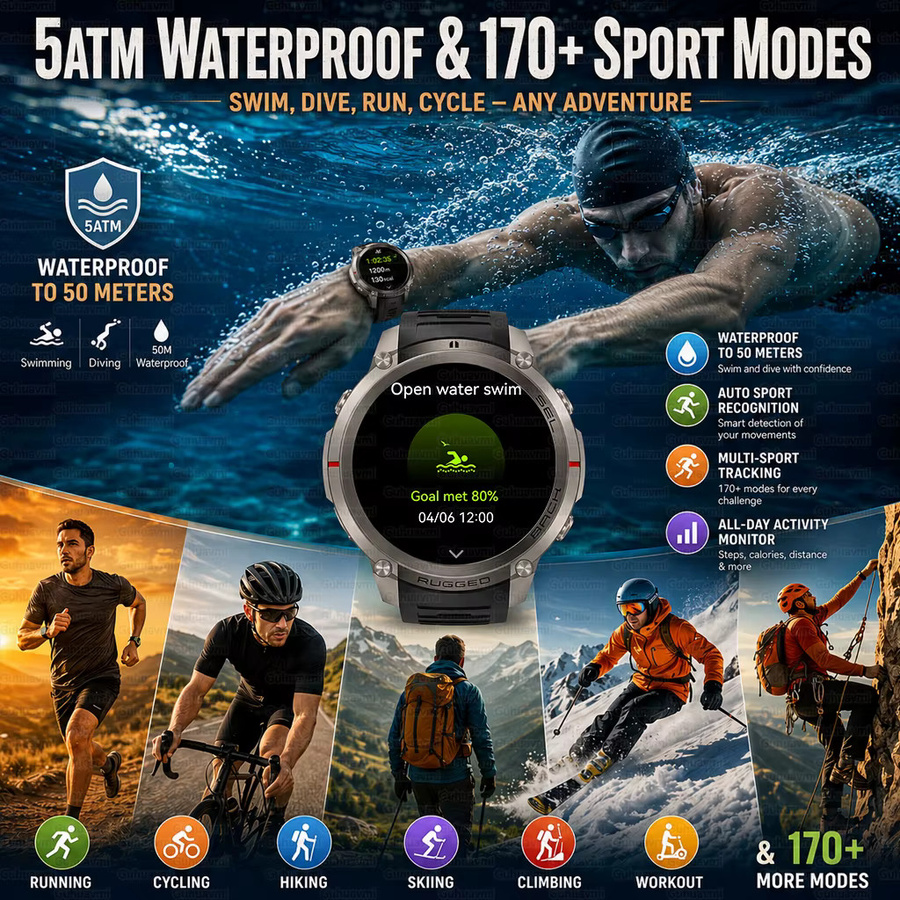GUHUAVMI GPS-Smartwatch für Herren in Schwarz mit Offline-Karte, Kompass, Höhenmesser, Barometer, 5ATM Wasserdichtigkeit, 170+ Sportmodi und Bluetooth-Anruffunktion - Bild 2