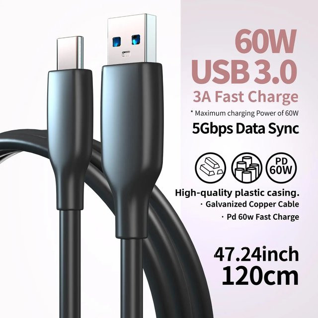 USB-C-Ladekabel mit 60 W und USB 3.0 für schnelle Datenübertragung, Schwarz - Bild 1