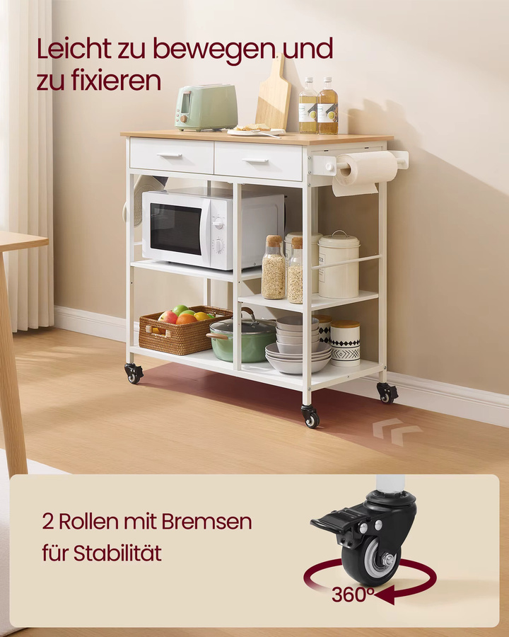 VASAGLE Kücheninsel als mobiler Servierwagen mit Rollen und Stauraum in Beige und Weiß - Bild 2
