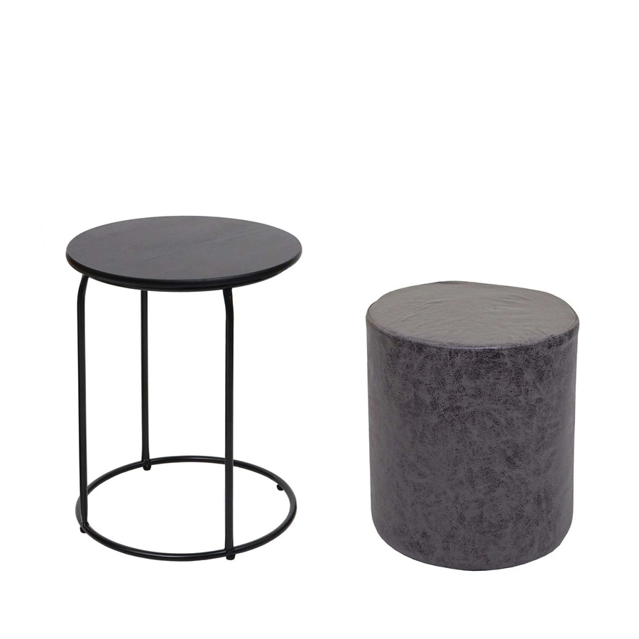 MCW 2er-Set Sitzhocker und Beistelltisch K48 in Schwarz aus MDF und Kunstleder - Bild 3