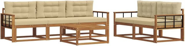 vidaXL Outdoor-Sofagarnitur aus Akazienholz mit Kissen, 6-teilig, Natur und Beige - Bild 1