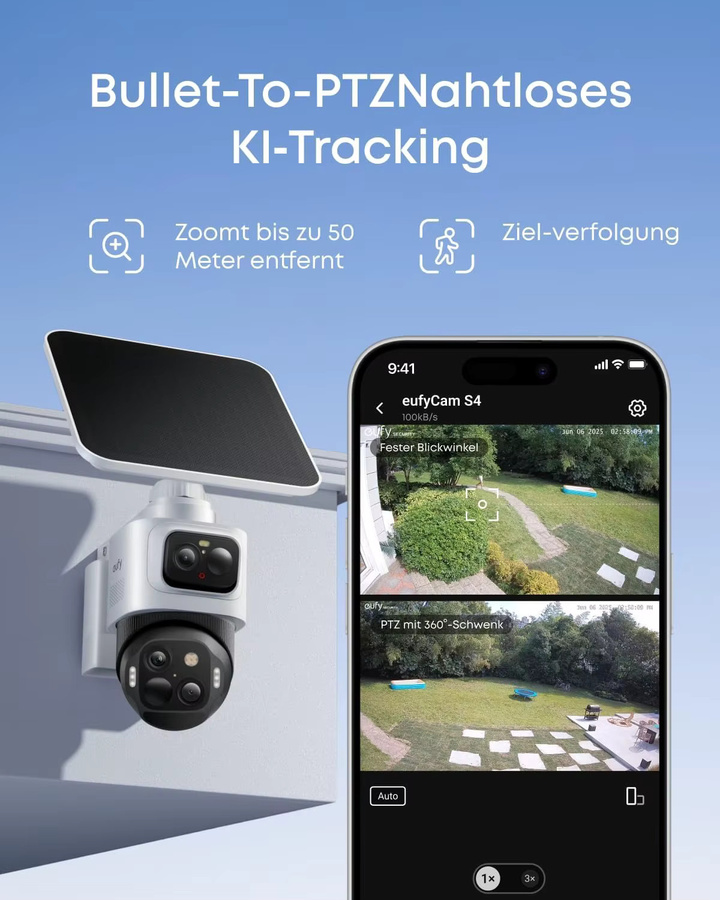 Anker eufy Security eufyCam S4 kabellose Solar-Outdoor-Überwachungskamera mit 3-Linsen Bullet-PTZ-Funktion, 4K UHD, 360° Multi-Kamera-Auto-Tracking, 8x Hybridzoom und Farbnachtsicht in Weiß, kompatibel mit HomeBase S380 - Bild 3