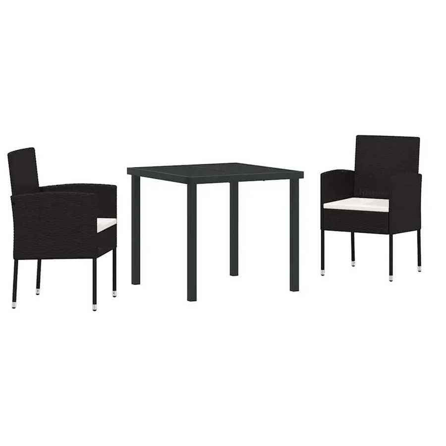 vidaXL Garten Essgruppe aus Polyrattan in Schwarz mit Kissen, 3-teilig, Tisch und Stühle für Garten und Terrasse - Bild 2