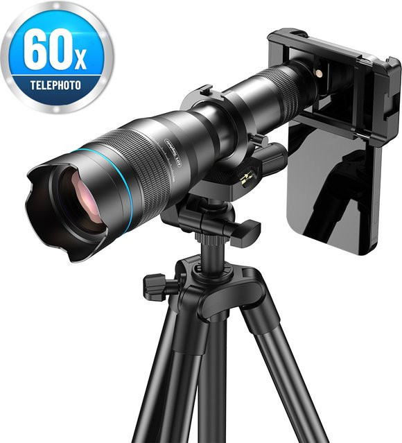 Apexel 60x Telezoom Teleskop Objektiv für Smartphones mit ausziehbarem Stativ in Schwarz - Bild 1