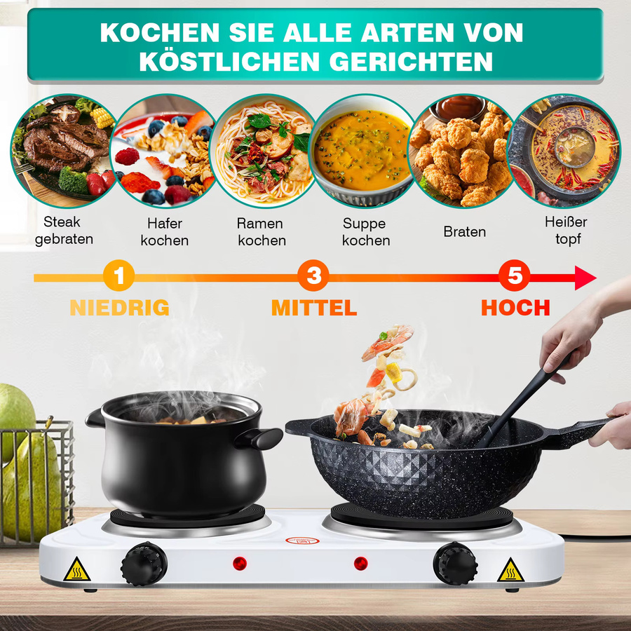 BRIEFNESS Elektrische Kochplatte mit Dual-Keramik-Kochfeld aus Edelstahl in Weiß, 2500 W und 1000 W - Bild 4