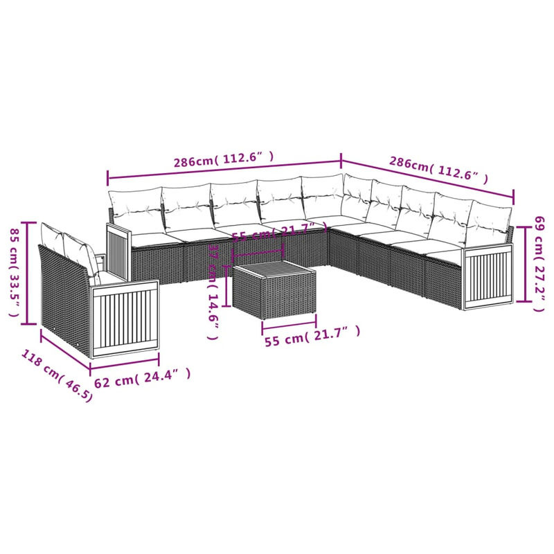 Vidaxl Gartenmöbel-Set aus Polyrattan und Akazie mit 12 Teilen und Kissen, Beige - Bild 2