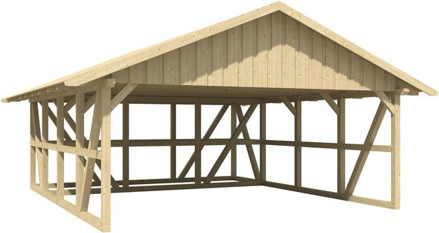 Skan Holz Carport Schwarzwald aus Fichtenholz mit Dachschalung und Abstellraum in Natur Braun, B: 684 cm, T: 772 cm - Bild 1