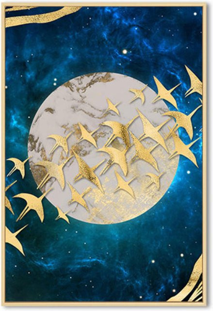 TPFLiving Luxus Poster Leinwand Set mit goldenen Vögeln auf blauem Hintergrund, 3er Set, Modell B, Breite: 30 cm, Höhe: 40 cm - Bild 1