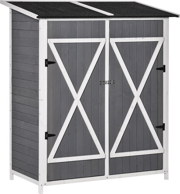 Outsunny Geräteschuppen Gartenschrank aus Tannenholz mit 2 Türen und Asphaltdach, Grau-Weiß, B: 139 cm, T: 75 cm, H: 160 cm - Bild 1