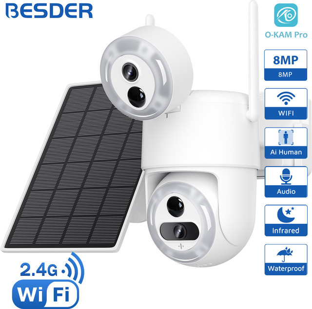 BESDER Wifi Solar Kamera mit 8MP Auflösung, KI-menschlicher Erkennung und eingebautem 9600mAh Akku, CCTV IP Überwachungskamera in Weiß - Bild 1