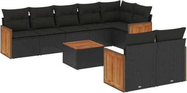 vidaXL 9-tlg. Garten-Sofagarnitur in L-Form aus Poly-Rattan und Akazienholz mit Kissen in Schwarz - Bild 1