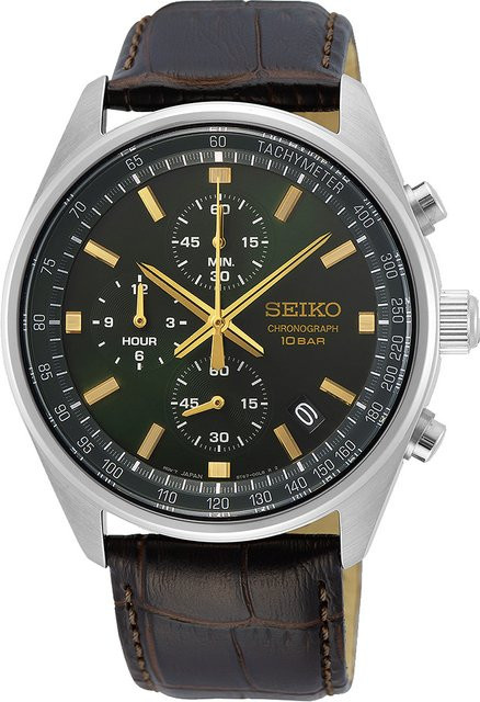 Seiko Chronograph, Quarz, Edelstahl, Leder, Grün, 42 mm, Herren - Bild 1