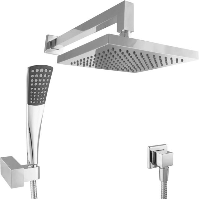 PaulGurkes Duschsystem in Chrom mit eckiger Regendusche 20 cm, konischer Handbrause und Metallschlauch - Bild 1