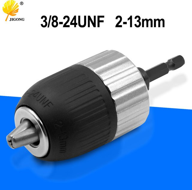 JIGONG Schlüsselloser Bohrfutter-Adapter mit Sechskantschaft und 3/8-24UNF Gewinde, Spannbereich 2-13 mm, Farbe: Silber - Bild 1