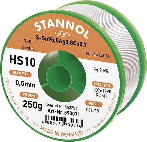 Stannol HS10 2510 Bleifreies Lötzinn Sn95,5Ag3,8Cu0,7 ROM1 in Silber, 250g, 0,5mm - Bild 1