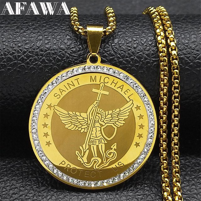AFAWA Halskette Saint Michael Erzengel Medaillon, Edelstahl, Gold, Unisex - Bild 1
