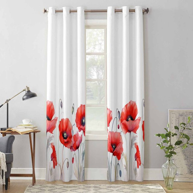 Super Six Mohnblumen Fenstergardine, floral, halbtransparent, Multicolour, B: 135 cm, H: 60 cm - Bild 1
