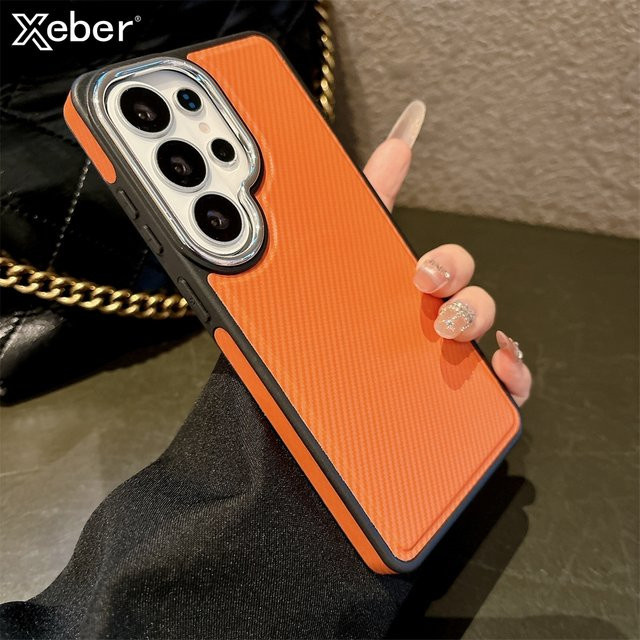 Xeber Carbonfaser-Hülle mit MagSafe-Magnetfunktion für Samsung Galaxy S26 Ultra S25 S24 S23 S22 Ultra, matte Leder-Schutzhülle, stoßfest, Grau/Orange - Bild 1