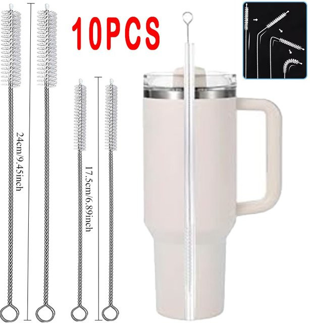 10er Set Trinkhalm Reinigungsbürsten von VIE LENTE aus Edelstahl und Nylon in Silber mit langem Griff - Bild 1