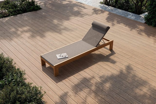 OUTFLEXX Bali Sonnenliege aus Akazienholz und Textilene in Grau/Natur mit verstellbarer Rückenlehne und Kopfstütze, B/T/H: 200 x 60 x 30 cm - Bild 1