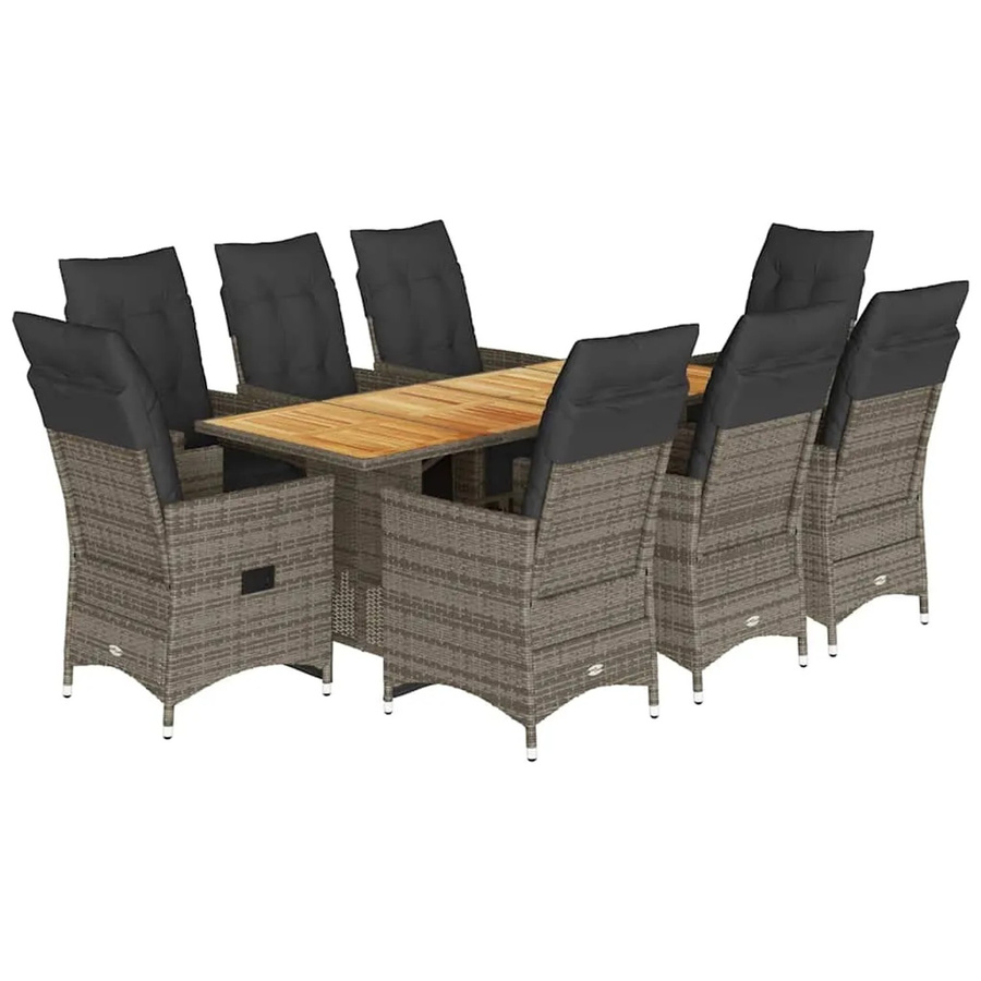 vidaXL 9-teiliges Garten-Bistro-Set aus Poly Rattan und Akazienholz in Grau mit Kissen - Bild 2