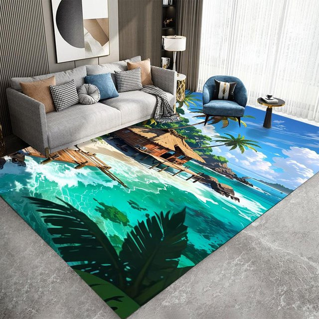 Dekorativer Teppich mit tropischer Strandszene, Palmen und Oldtimer, B/H: 60 x 40 cm - Bild 1