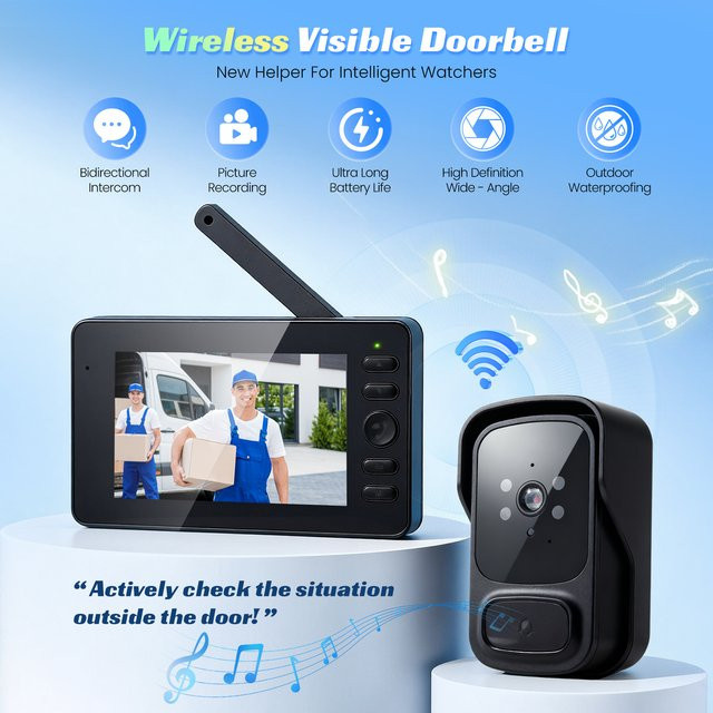 Bell Drahtlose Intercom-Türklingel mit 4,3-Zoll-LPs-Bildschirm, HD-Nachtsicht und wasserdichter Videokamera in Schwarz - Bild 1