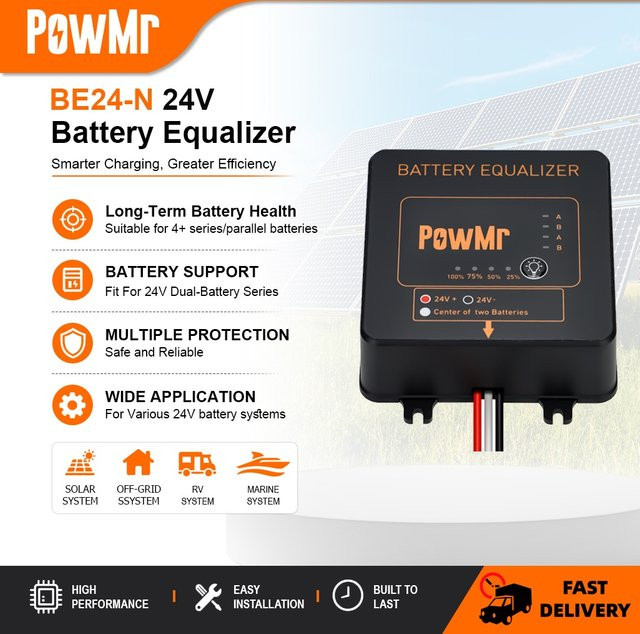 PowMr BE24 Batterieausgleicher mit LED-Anzeige, 24V Dual 12V Blei-Säure-Balancer in Schwarz, kaskadierbar für Solar- und Wohnmobil-Speicherbatterien, Spannungsausgleicher - Bild 1