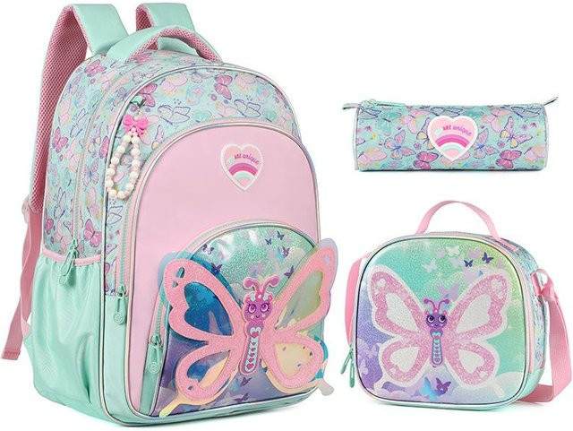Great Bags Schultaschen-Set für Mädchen mit Schmetterlings-Design, 3-teilig, Farbe: Weiß/Mehrfarbig - Bild 1