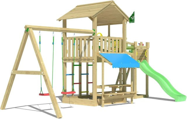 Jungle Gym Spielturm Cascade aus Holz mit 2 Schaukeln, Brücke und Rutsche in Hellgrün - Bild 1