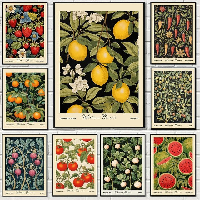 Potdemiel Vintage Wandkunst William Morris Botanisches Poster mit Obst und Blumen in Orange und Multicolour als Leinwandgemälde - Bild 1