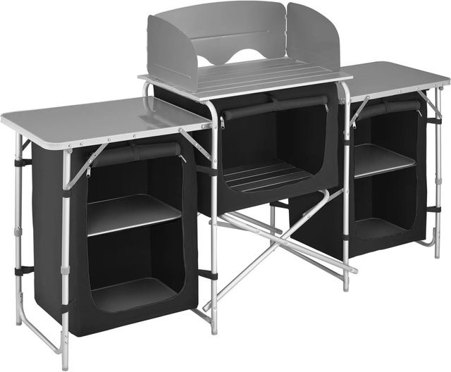 tectake Campingküche XXL Schwarz mit Aluminiumgestell, 5 Fächern und Windschutz, faltbar, B/T/H: 172 x 52 x 104 cm - Bild 2