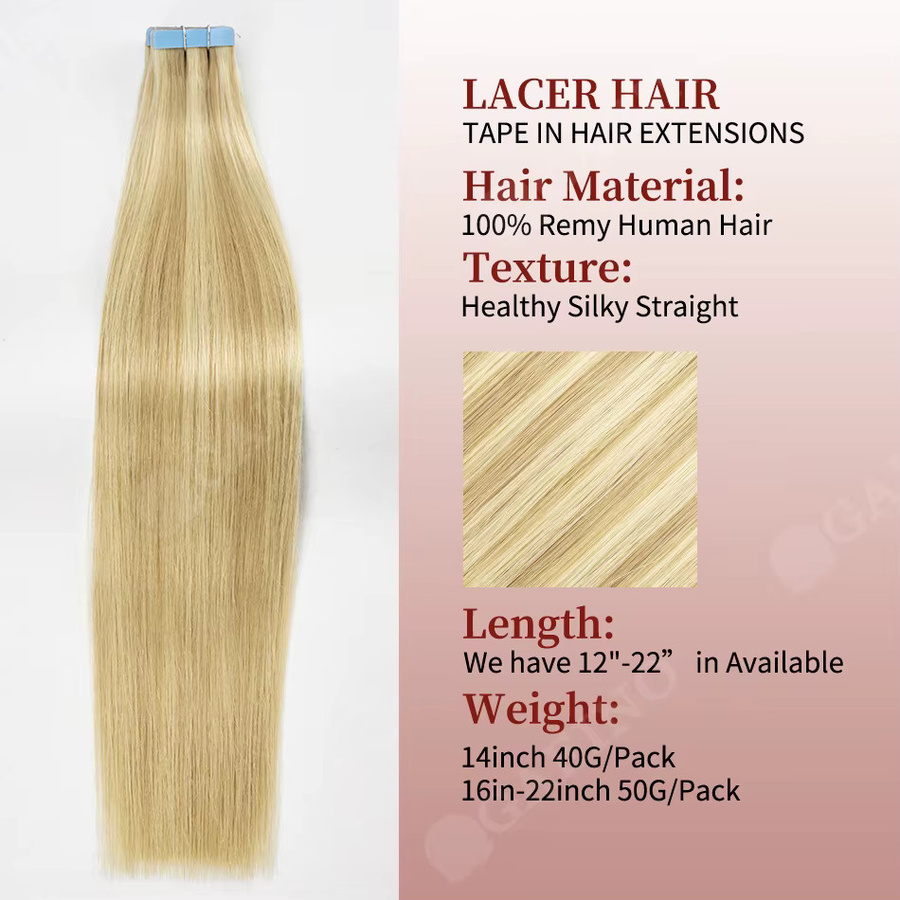 GAEINO Tape-in Haarverlängerungen Remy Echthaar, Glatt, Balayage Blond, 20 Stück - Bild 2
