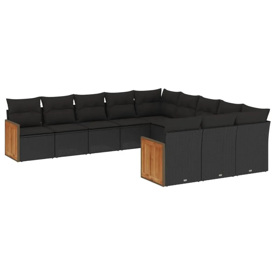 vidaXL 11-tlg. Garten-Sofagarnitur aus Poly-Rattan in Schwarz mit Kissen und Akazienholz - Bild 2