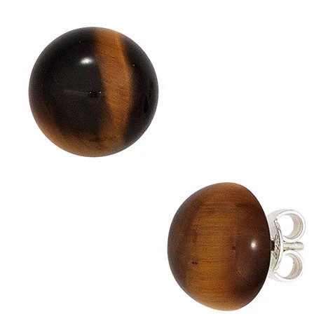 Colfem Ohrstecker rund, 925 Sterling Silber, 2 Tigeraugen braun, Unisex - Bild 1