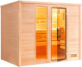 WEKA Massivholzsauna Bergen 3 für 6 Personen in Braun inklusive 9 kW Ofen mit externer Steuerung und BioS Glastür sowie Fenster - Bild 1