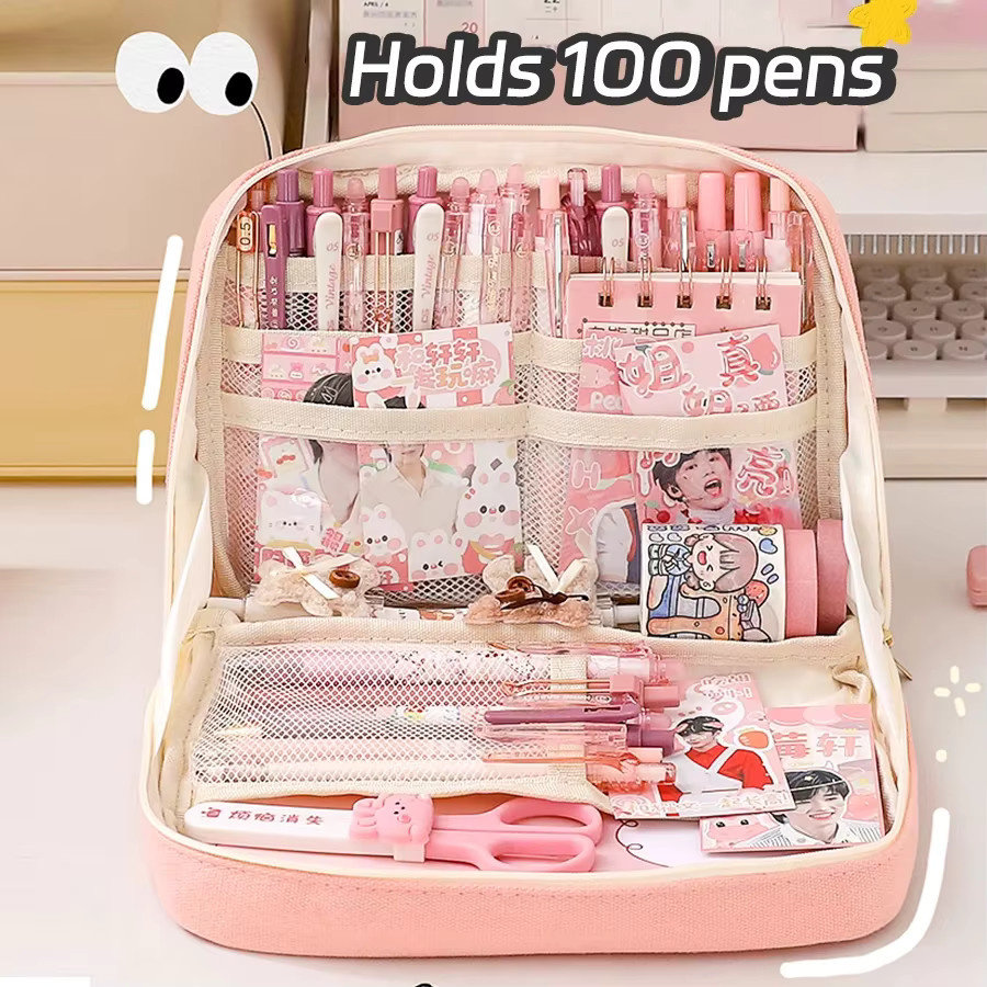 Kawaii Feder Mäppchen in Beige als großes Kosmetik- und Stiftebeutel für Schule und Büro - Bild 2