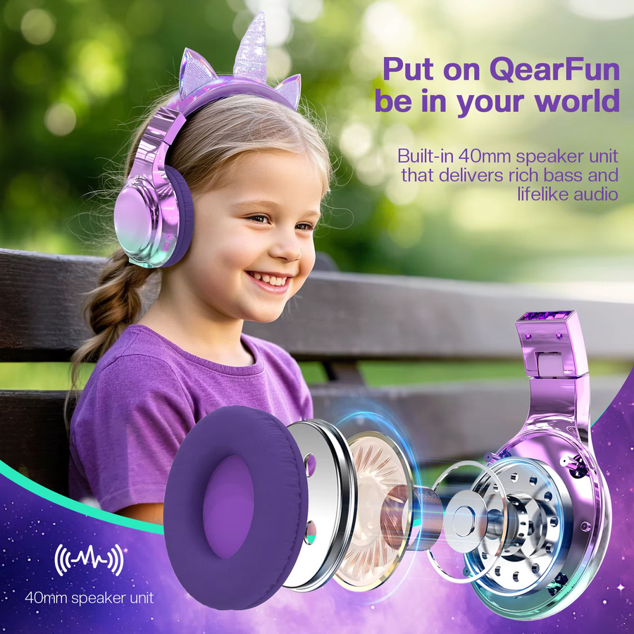 QearFun Einhorn-Bluetooth-Kopfhörer für Kinder und Mädchen in Lila, faltbares Katzenohr-Headset - Bild 2