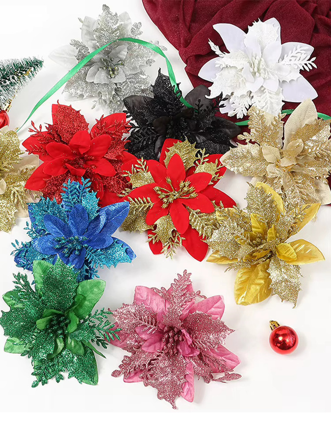 HUAYUXIANG Glitter Weihnachts Blumen Anhänger als künstliche Weihnachtsbaum Ornamente in Multicolour und Schwarz - Bild 4
