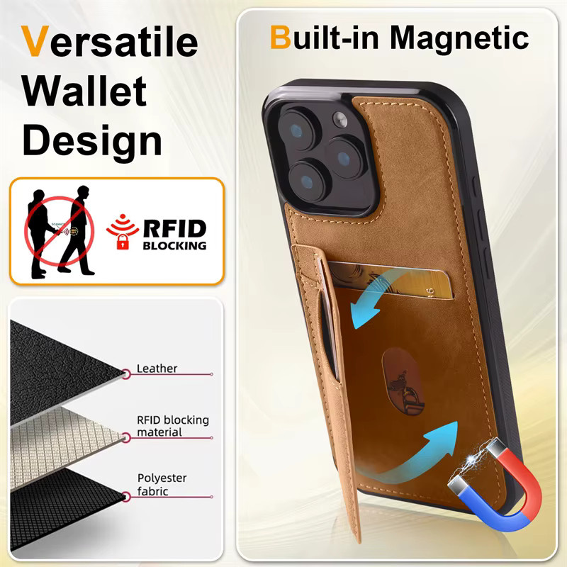 EUCAGR Leder Handyhülle mit Kartenfach für iPhone 16 Pro Max 15 14 Plus 13 Mini 12 Mini 11 Pro Max in Braun - Bild 5